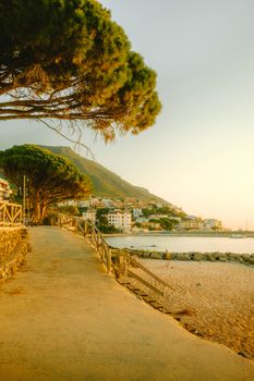 Stunning seaside view of a town with a sandy beach and lush trees at sunset.