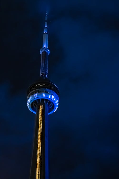 Illuminated CN Tower against Dark Blue Evening Sky, Toronto, Canada