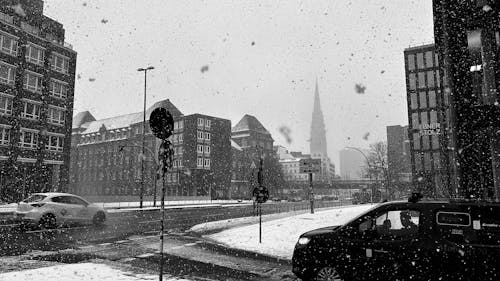 Snow in City in Black and White