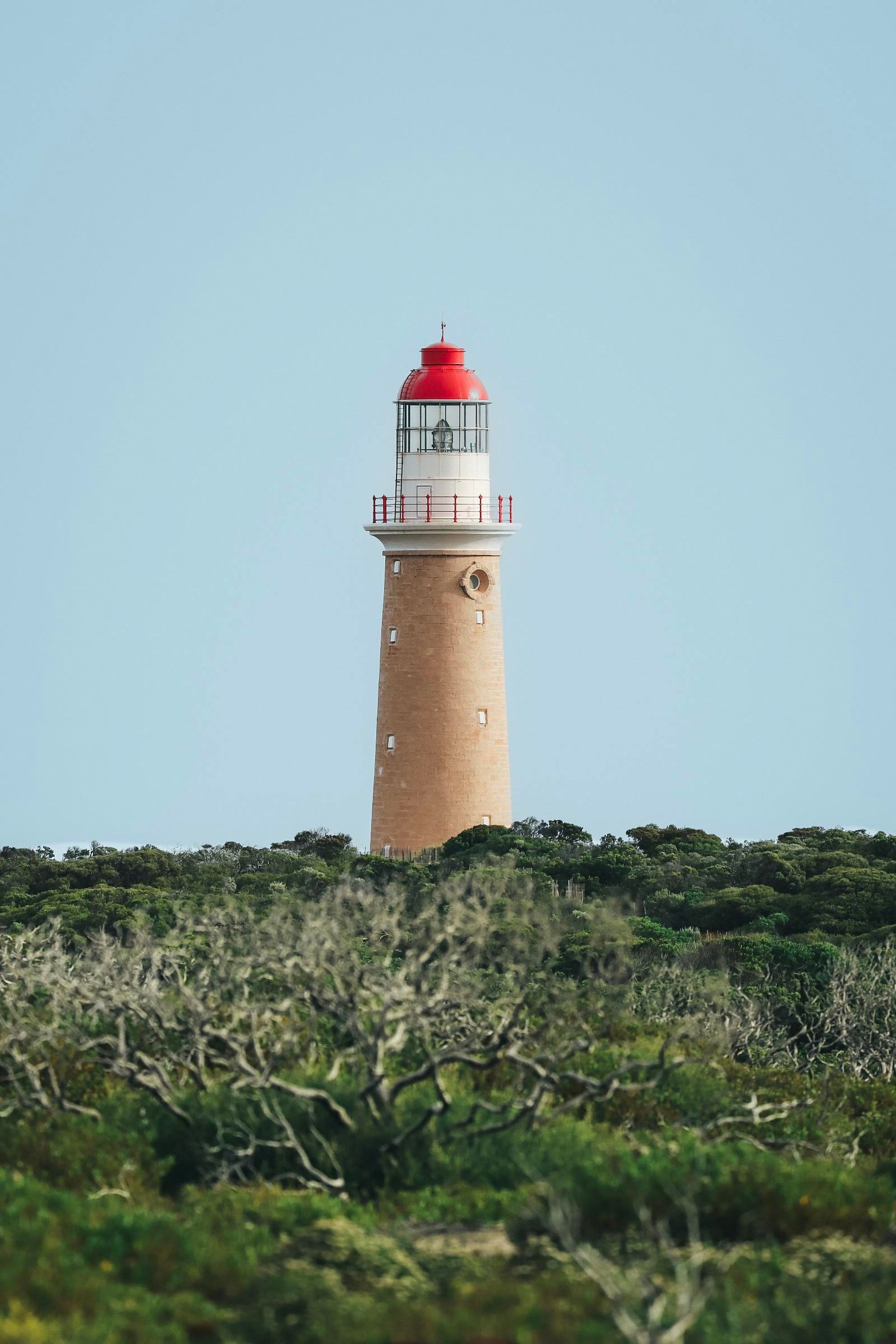 Scenic view of Cape du Couedic Lighthouse amidst rugged vegetation, Flinders Ranges.