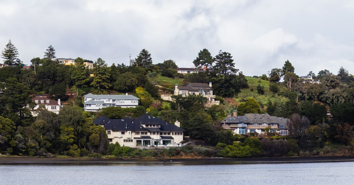 Charming hillside village with lush green trees and lakeshore view.