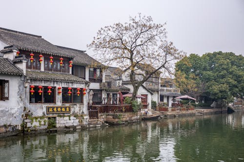 Houses by River in Town in China
