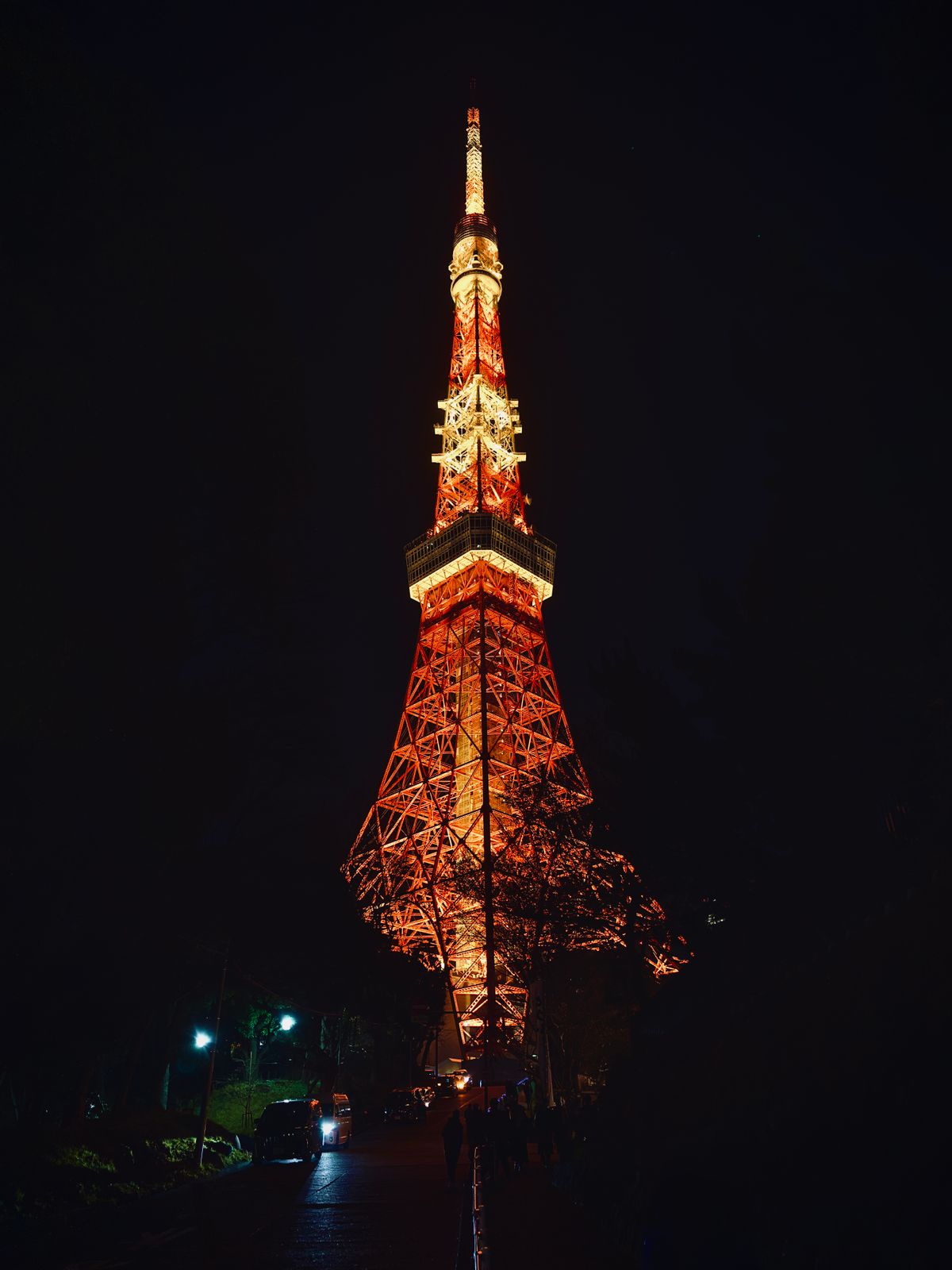 Illuminated Tokyo Tower glowing orange against the night sky near Roppongi