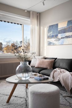 Stylish living room with modern decor, featuring a comfortable couch and artistic touches.