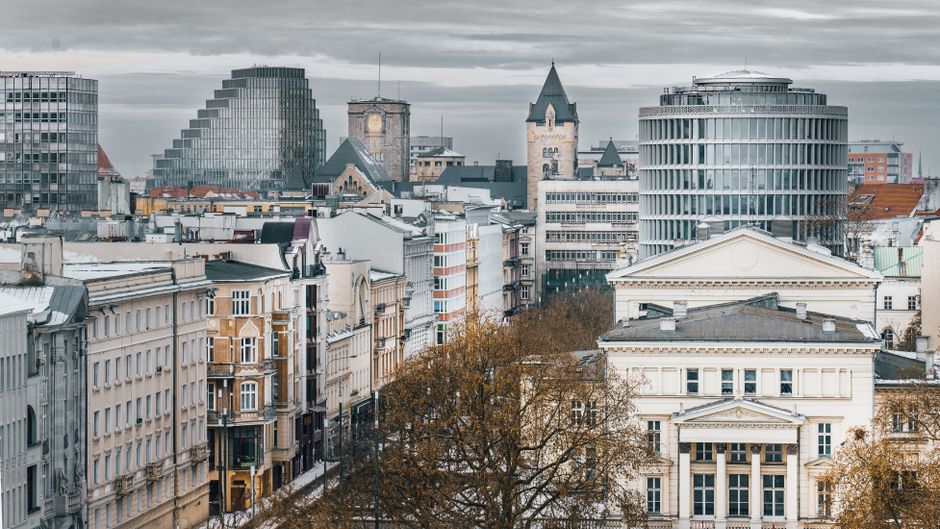 A stunning aerial shot of Poznań's urban landscape featuring iconic buildings and local landmarks.