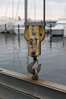 Close-up of an industrial hook with an 8T mark near a marina in Hauterive, Switzerland.