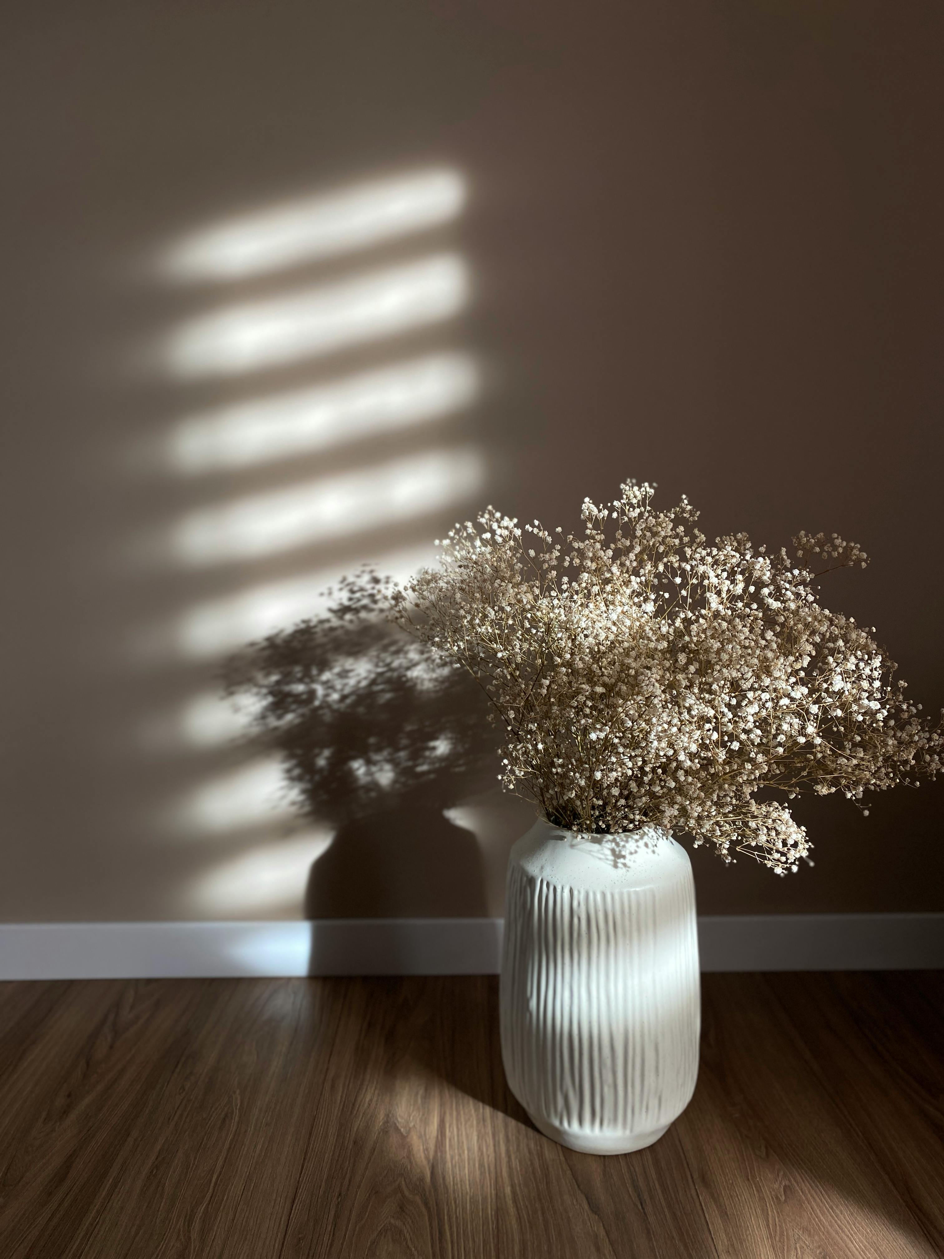 Elegant minimalism featuring dried flowers in a white vase, casting a serene shadow.