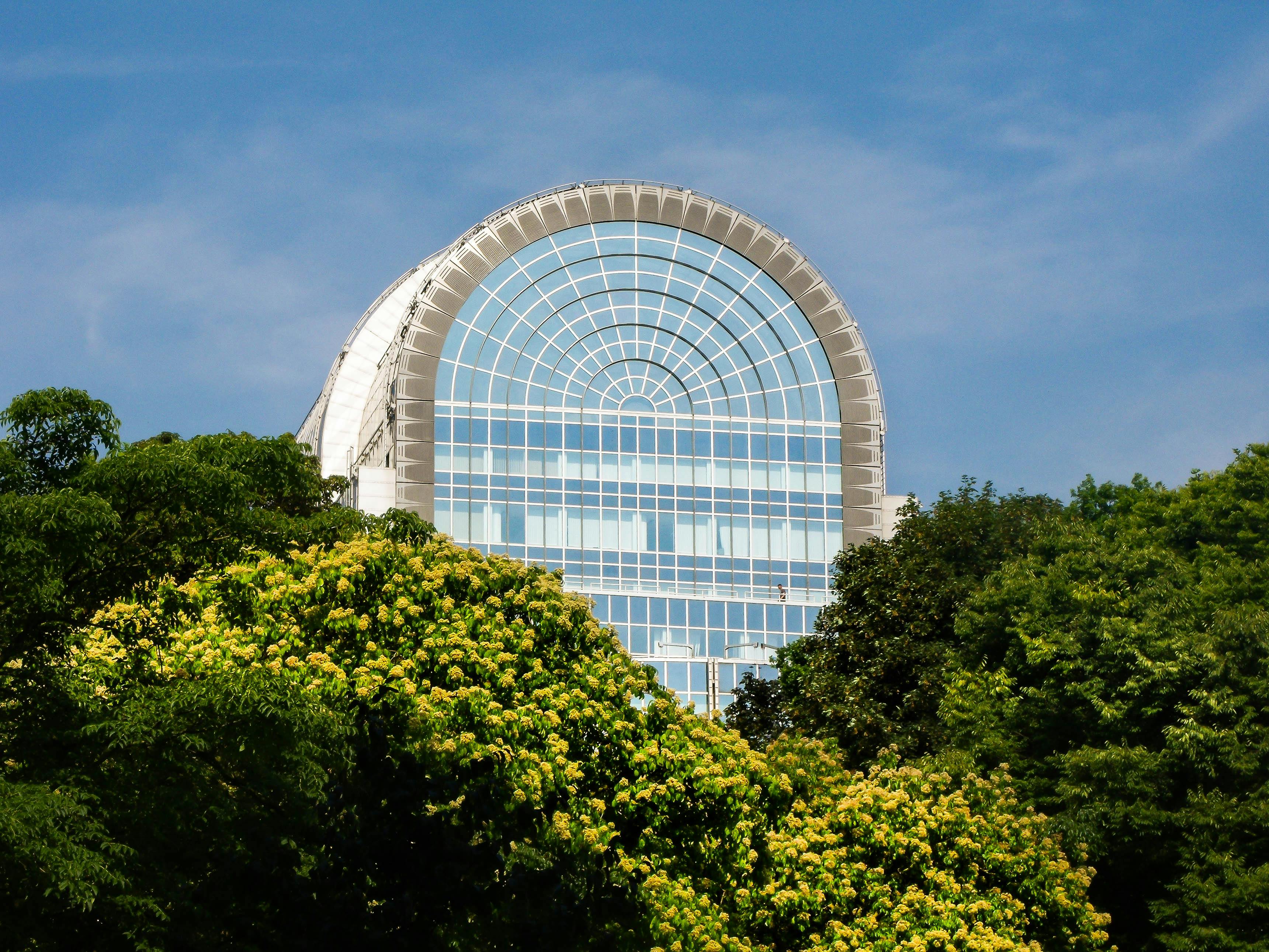 Skyward view of the European Parliament amidst greenery in Brussels.