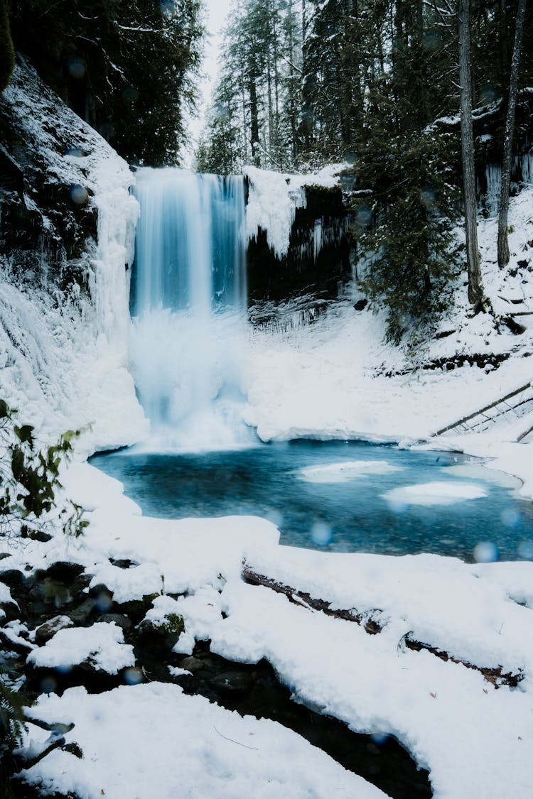 View Of A Waterfall In A Forest In Winter 