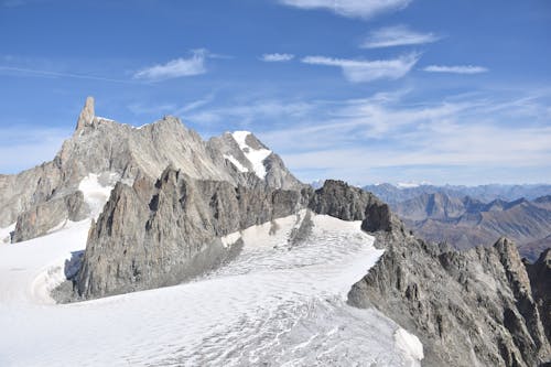 View of the Dent du Geant Peak in the Mont Blanc Massif in France and Italy.