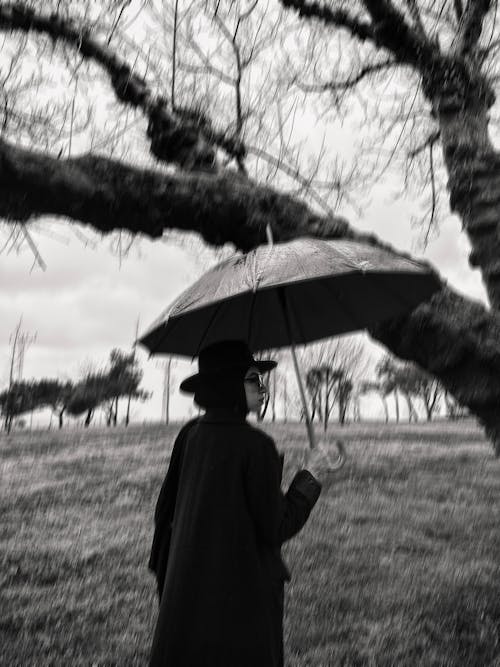Back View of Woman in Coat and Hat Standing with Umbrella