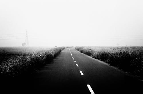 Fog over Road in Countryside in Black and White