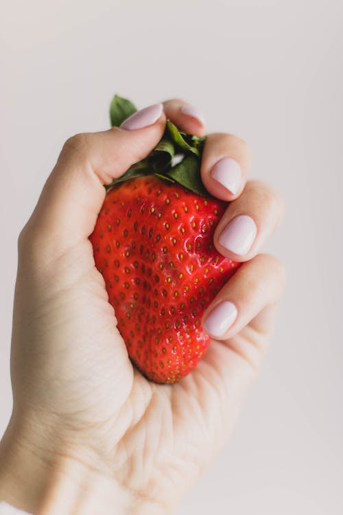 무료 딸기를 들고있는 사람 스톡 사진