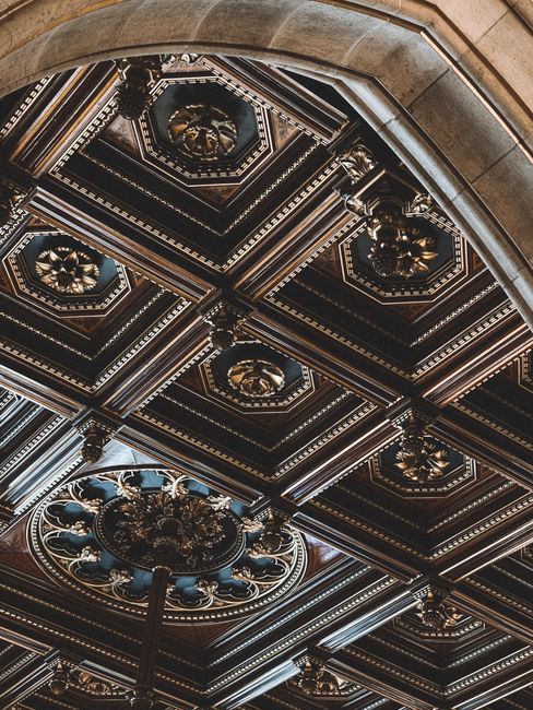 Intricate wooden ceiling design in a historic Viennese palace, showcasing artistic craftsmanship.