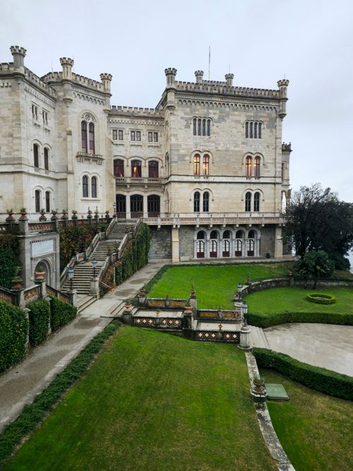 Free Stunning view of Miramare Castle, Trieste with lush gardens and classical architecture. Stock Photo