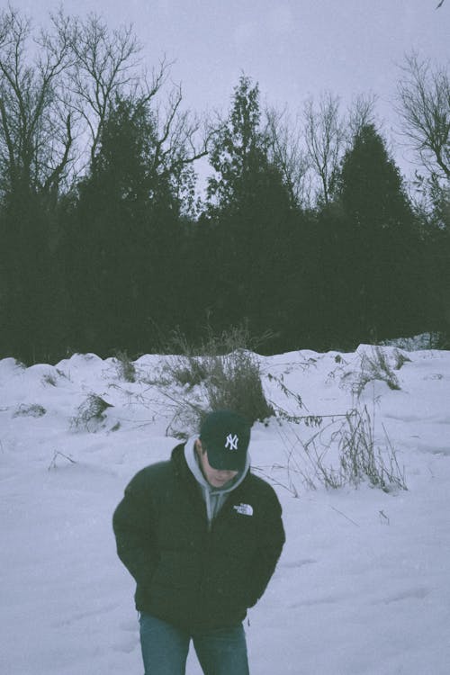 Man in Jacket in Forest in Winter