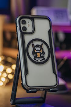 Close-up of a modern smartphone case featuring a distinctive sticker on a stand, indoors with blurred lights.