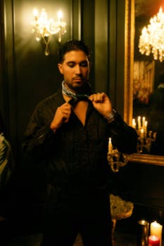 A stylish man adjusts his neckwear in a dimly lit, elegant room with candles and chandeliers.