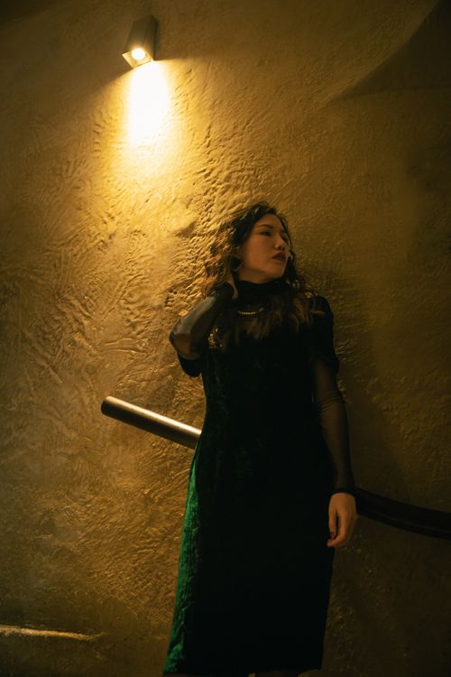 Free A young woman in a velvet dress poses gracefully on a dimly lit staircase. Stock Photo