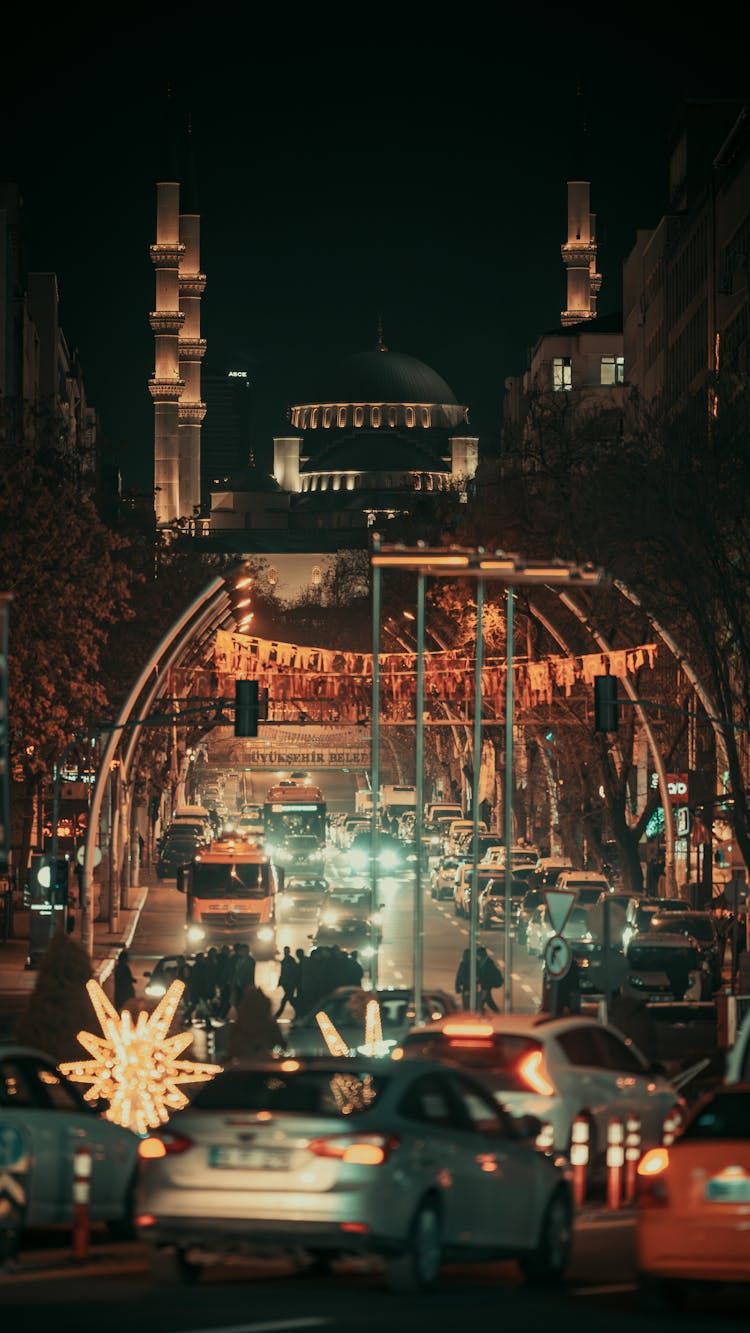 Traffic On A Street In Front Of A Mosque In Ankara 