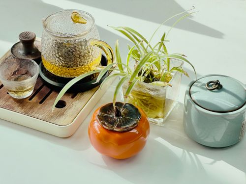 Free Elegant tea time setup with glass teapot, porcelain jars, and a spider plant on a sunlit countertop. Stock Photo