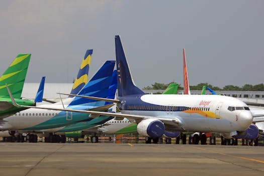 Multiple commercial airplanes parked on an airport runway.