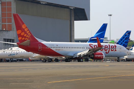 SpiceJet aircraft parked at the runway with other planes in the background, perfect for travel themes.