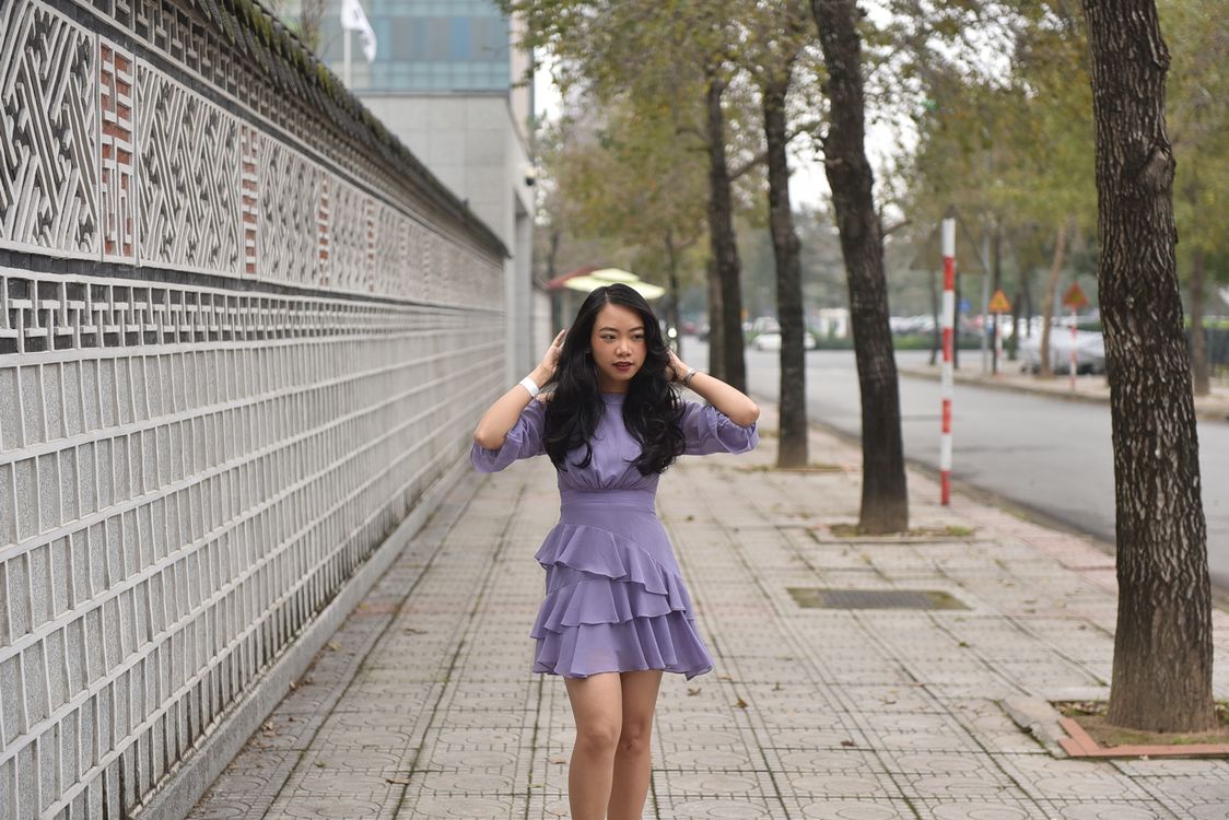 Woman Wearing Purple Dress Walking on a Street Free Stock Photo Woman Wearing Purple Dress Walking on a Street Free Stock Photo