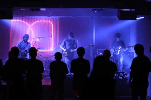 An engaging live music performance by a band with an audience in a dimly lit club.