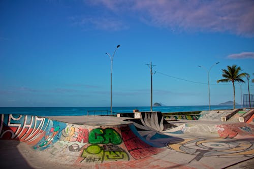 View of an Empty Skatepark with Graffiti on a Seashore 
