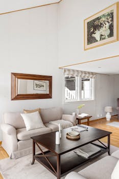 Bright and airy living room with modern furniture and neutral tones.