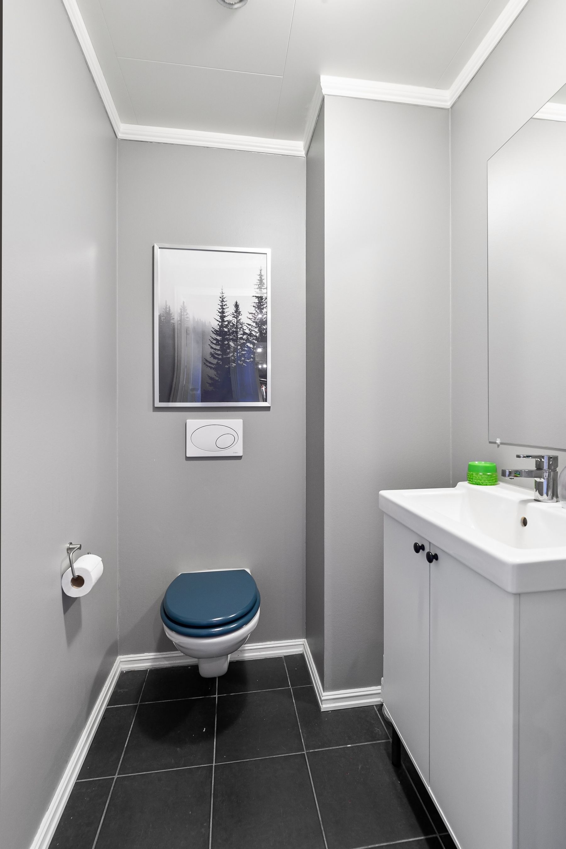 Compact grey modern bathroom with streamlined fixtures and visually light wall-mounted elements