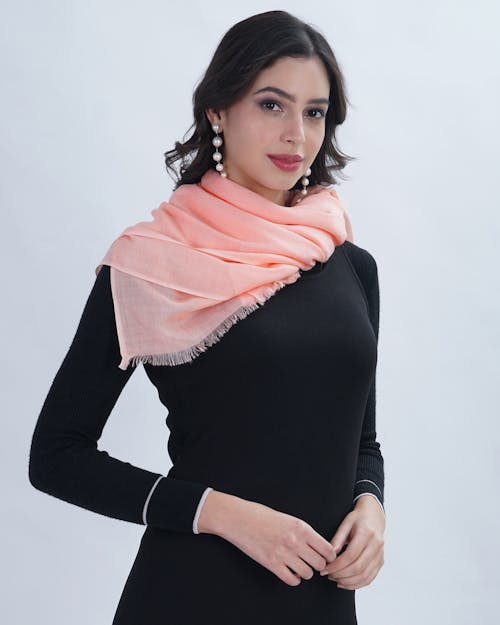 Beautiful Brunette Woman in Pink Scarf and Black Dress