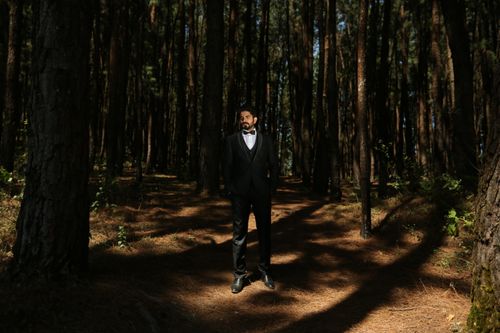 Free A man in a black suit stands elegantly in a sunlit forest path, creating a dramatic fashion scene. Stock Photo