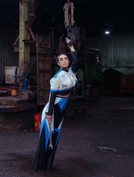 Model in stylish outfit posing with hook in an industrial garage environment.