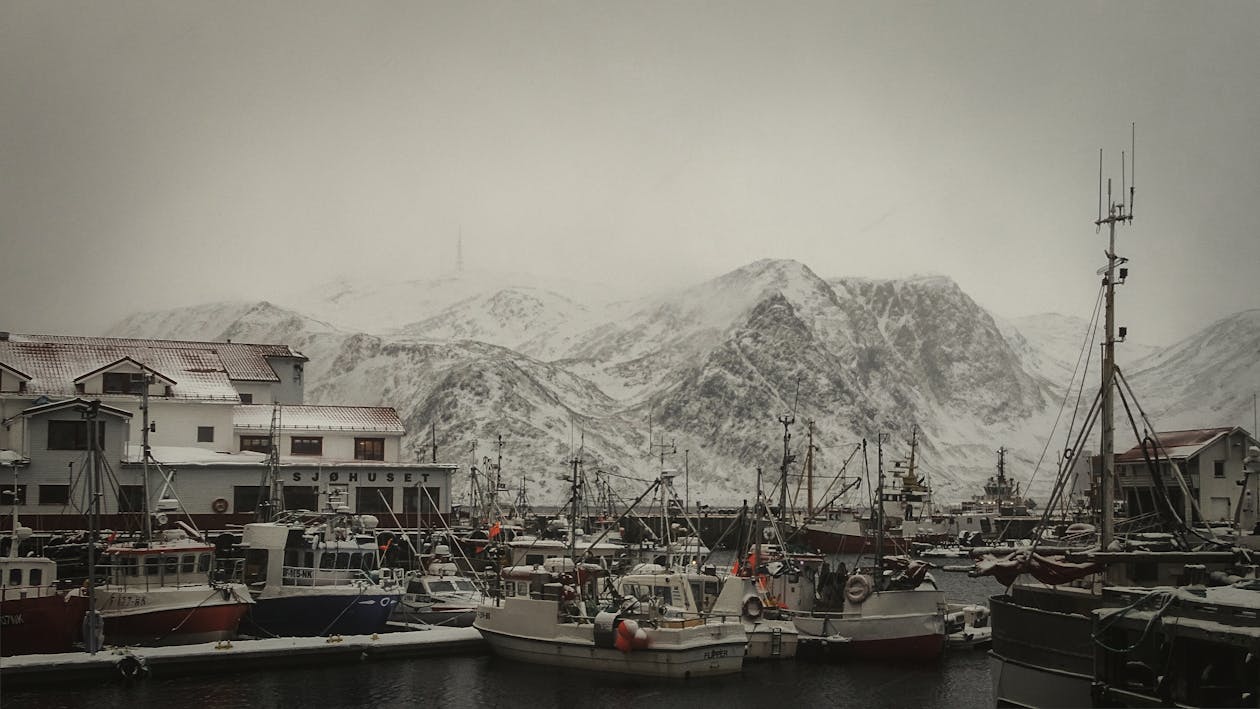 Ships and Mountain in Snow