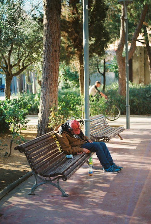 A man is sleeping on a bench in a park