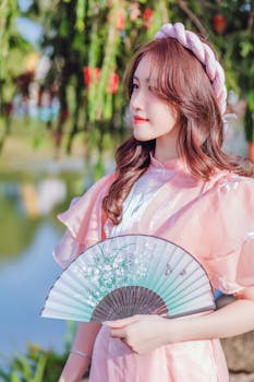 Stylish woman in pink dress with braided headband holds a vintage fan against an outdoor scenic background.