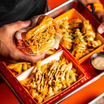 Mouthwatering fast food meal featuring a juicy burger and loaded fries on a vibrant tray.
