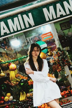 Stylish brunette in a mini dress standing at a vibrant urban fruit stall, exuding modern fashion in a city setting.