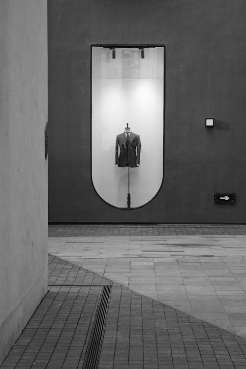 Blazer in a Window by the Street in Black and White 