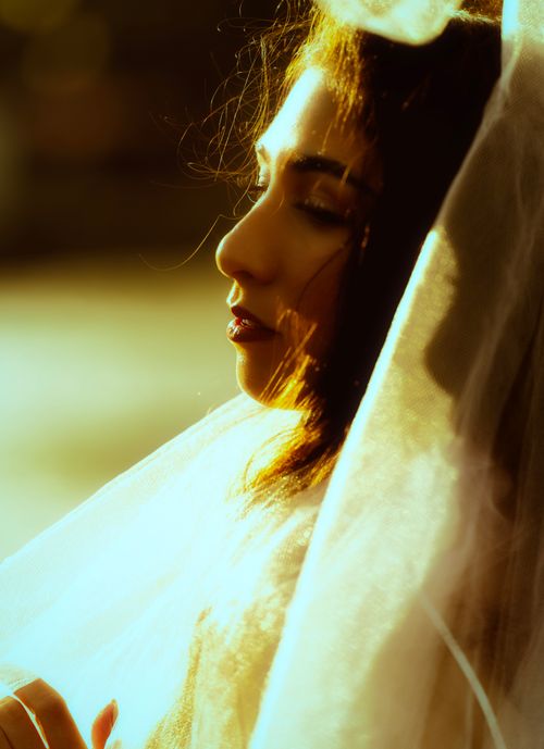 Free Ethereal bridal portrait with natural sunlight illuminating a serene expression. Stock Photo