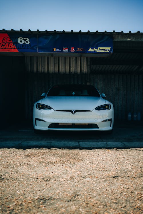 Tesla model 3 in a garage