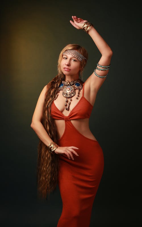 Woman in Red Dress and with Jewelry