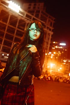 Stylish woman in leather jacket at night, city lights in the background.