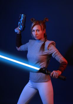Woman posing with a blue lightsaber and blaster in a futuristic cosplay outfit.