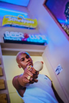 霓虹灯下，站着一位时尚的年轻人