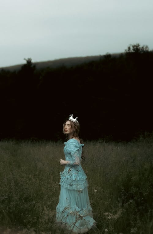 Woman in Crown and Blue Dress Posing on Meadow