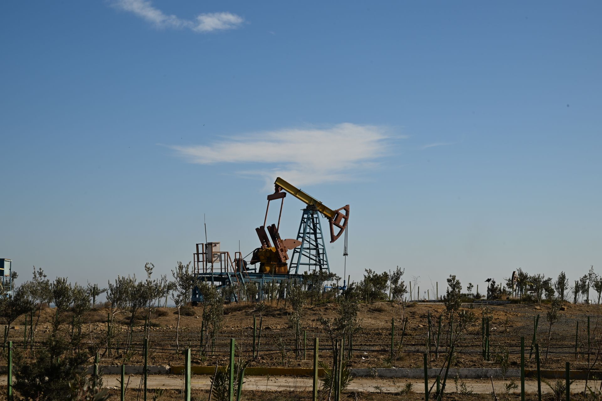 Une pompe à balancier pétrolière dans un champ