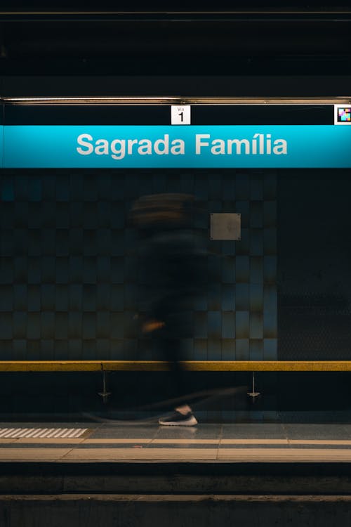 A person walking on the platform at a subway station